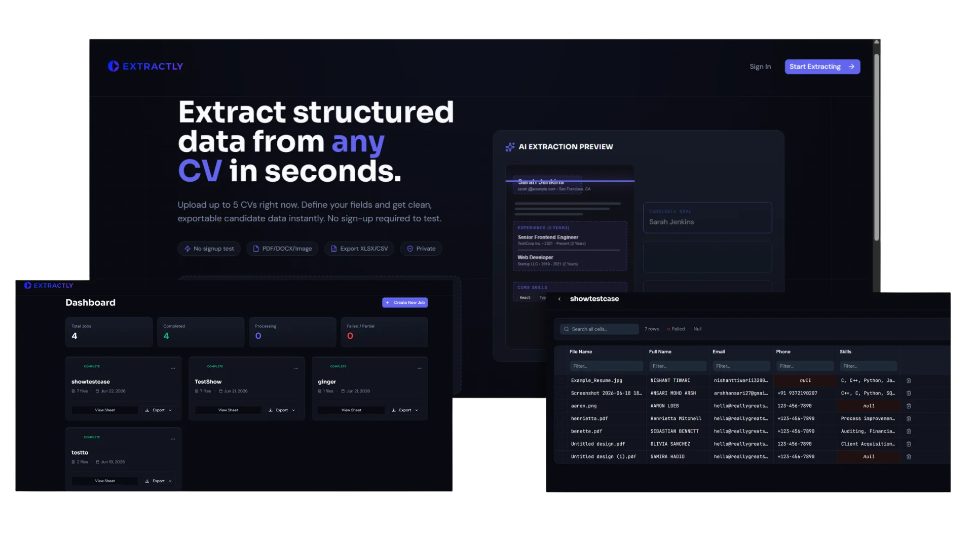 Extractly automated CV parsing dashboard